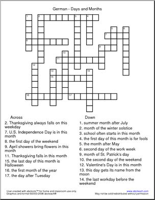 German: Crossword – Days and Months
