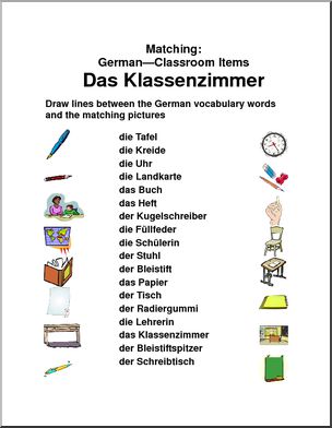 German: Matching – Classroom Items – Abcteach