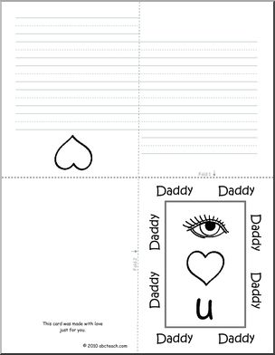 Greeting Card: Happy Father’­s Day  –  Rebus theme “I Love You, Daddy” (B&W Outline) with blank lines to write message.