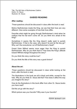 The 500 Hats of Bartholomew Cubbins (primary) Guided Reading