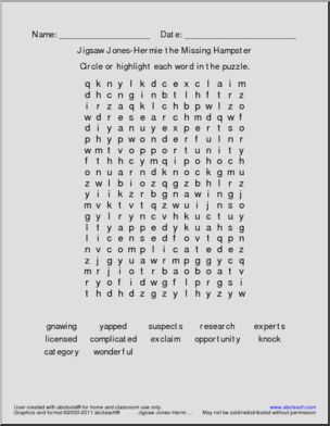 Jigsaw Jones; The Case of Hermie Word Search (elem) Word Search