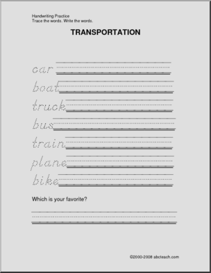 Handwriting Practice: Transportation (DN-style font)