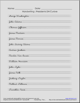 Handwriting: Cursive – List of U.S. Presidents (DN-Style Font)