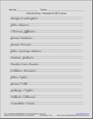Handwriting: Cursive – List of U.S. Presidents (ZB-Style Font)