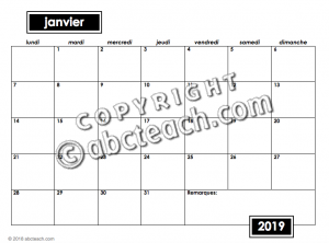 Calendar 2019 No Illustrations Type-In (b/w)- French Version