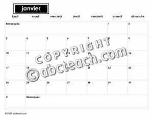 Calendar 2022 No Illustrations Type-in (b W) – French Version – Abcteach