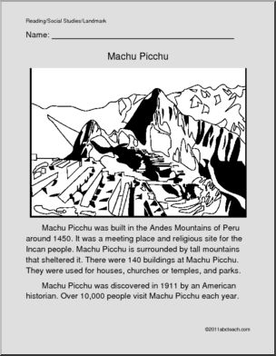 Landmark – Machu Pichu (primary/elem) Color and Read