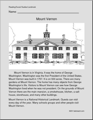 U. S. Landmark – Mount Vernon (primary/elem) Color and Read