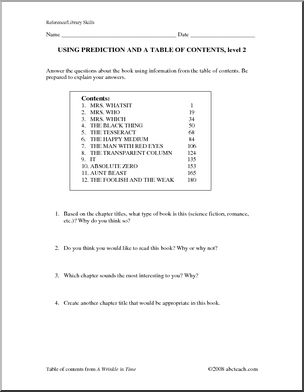 Worksheet: Decoding the Table of Contents (upper elem)