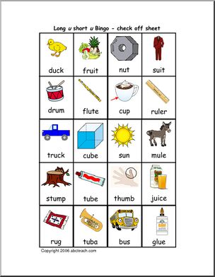 Long and Short U Vowel Sounds – checklist (color) Bingo ...