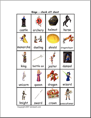 Bingo: Check Off Sheet – Medieval