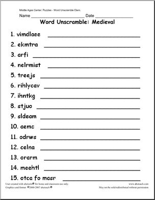 Unscramble the Words : Medieval Times (upper elem)