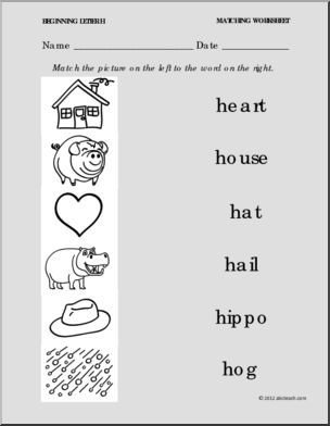 Matching: Picture to Word Letter H (PreK-1)