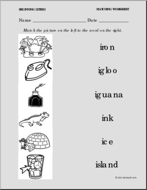 Matching: Picture to Word Letter I (PreK-1)
