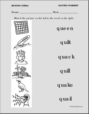 Matching: Picture to Word Letter Q (PreK-1) – Abcteach