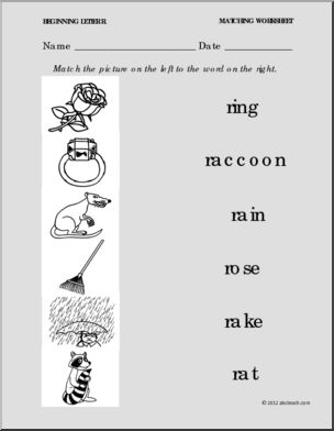 Matching: Picture to Word Letter R (Prek-1)