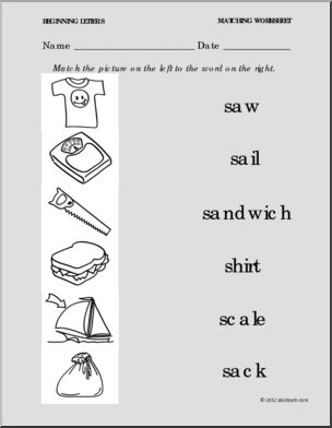 Matching: Picture to Word Letter S (PreK-1)