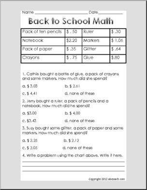 Word Problems – School Supplies (elementary)
