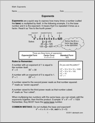 Math Exponents (upper elem) Rules and Practice
