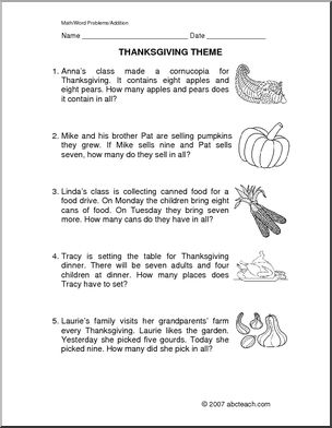 Thanksgiving Addition (primary) Word Problems