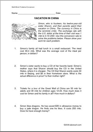 Conversion – Vacation in China (upper elem/middle) Word Problems