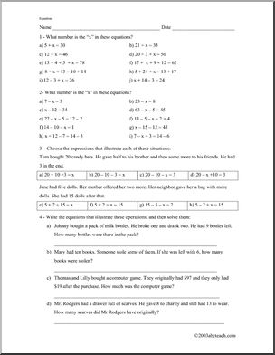 Equations and Word Problems (add/subtract) Worksheet – Abcteach