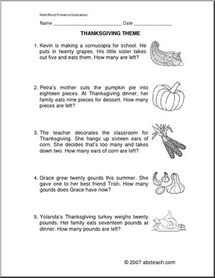 Thanksgiving Subtraction (primary) Word Problems