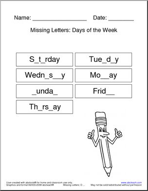 Missing Letters: Days of the Week
