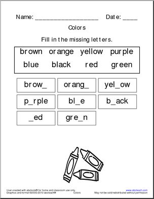 Missing Letter: Color Theme Words (easy) (k-1)
