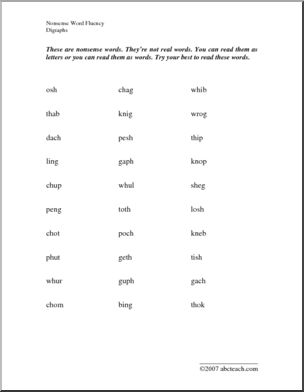 Nonsense Words (digraphs) Testing Practice