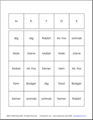 Fantastic Mr. Fox Vocabulary Bingo