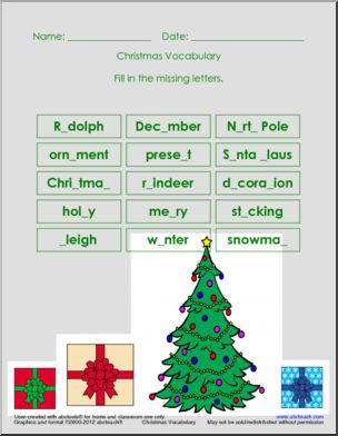 Christmas Vocabulary (color) Missing Letter