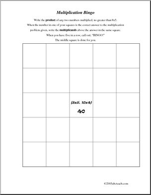 Multiplication Bingo Game (blank)