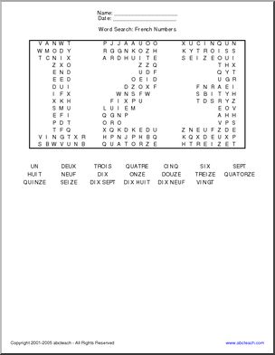 Word Search: French Numbers