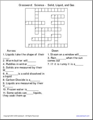 Crossword:  Science –  Solid, Liquid, and Gas