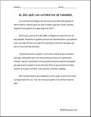Spanish: ComprensiÃ›n de lectura – El dÃŒa que las cataratas se pararon  (primaria/secundaria)