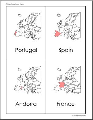 Nomenclature Cards: Continents; Europe Set 1 (red-highlight)