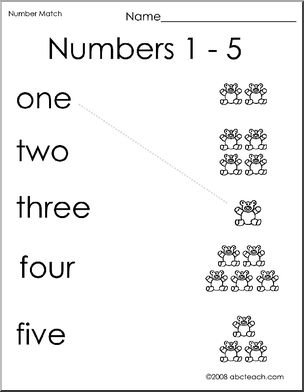 Match Numbers to Bears 1-5 (preschool/primary) -b/w Worksheet