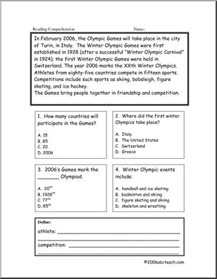 Past Olympics: Comprehension: Past Winter Olympics (elementary)