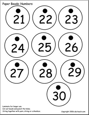 Paper Beads: Numbers 21 – 30 (b/w) – Abcteach