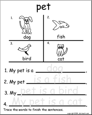 Beginning Writing Practice, Set 14 – trace (pet) – Abcteach