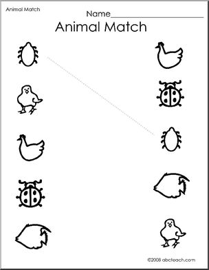 Worksheet: Match the Animals 1 (preschool/primary) – b/w