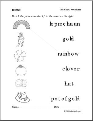Worksheet: Irish Symbols  – Match Pictures to Words (preschool/primary)