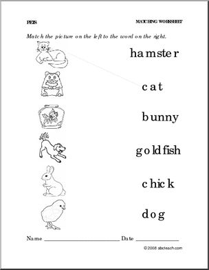 Worksheet: Pets – Match Pictures to Words (preschool/primary) – Abcteach