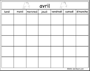 French: Calendar: Calendrier modÃ‹le-avril