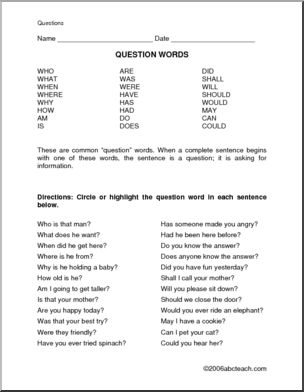 Question Words (elementary) Worksheet