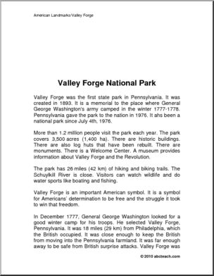 Comprehension: U. S. Landmark – Valley Forge (elem)