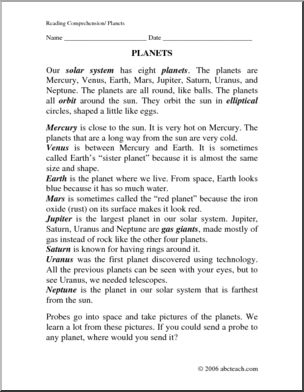 Comprehension: Planets (elementary)