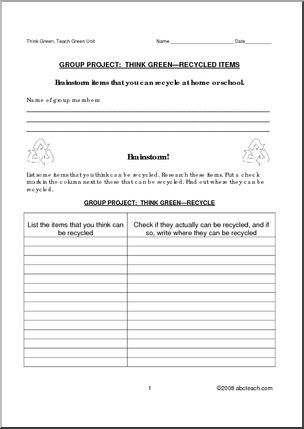 Worksheet: Think Green Group Project – Recyclable Items