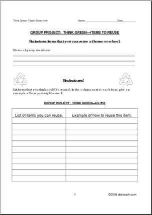 Worksheet: Think Green Group Project – Reusable Items